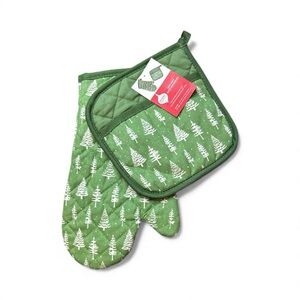 Green Tree Pattern Oven Mitt and Pot Holder Set NWT